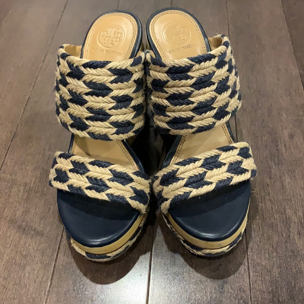 Tory Burch Navy and Natural Braided Platform Heels